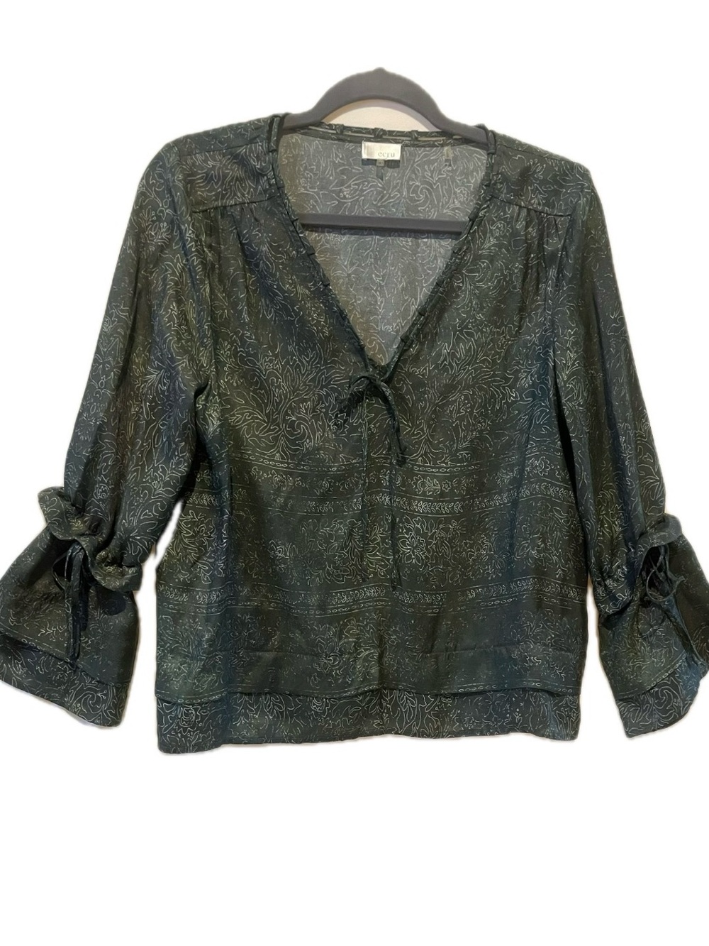 ecru Dark Green Printed Tie-Front Peasant Blouse